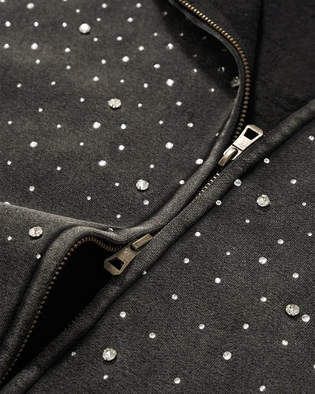 Distressed Washed Fleece Rhinestone Zip Up Hoodies | Inflation Streetwear