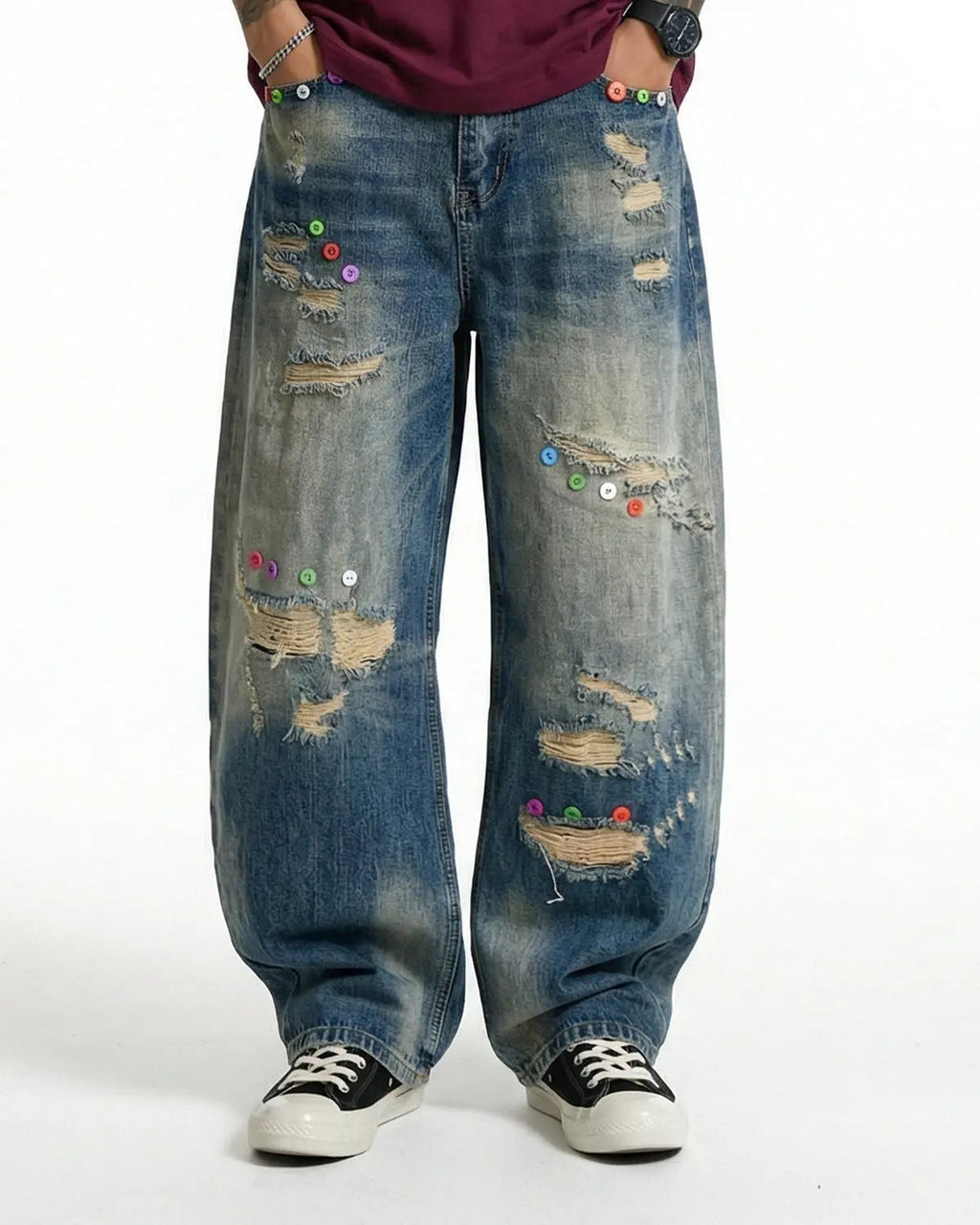 Distressed Button Barrel Jeans | Inflation Streetwear