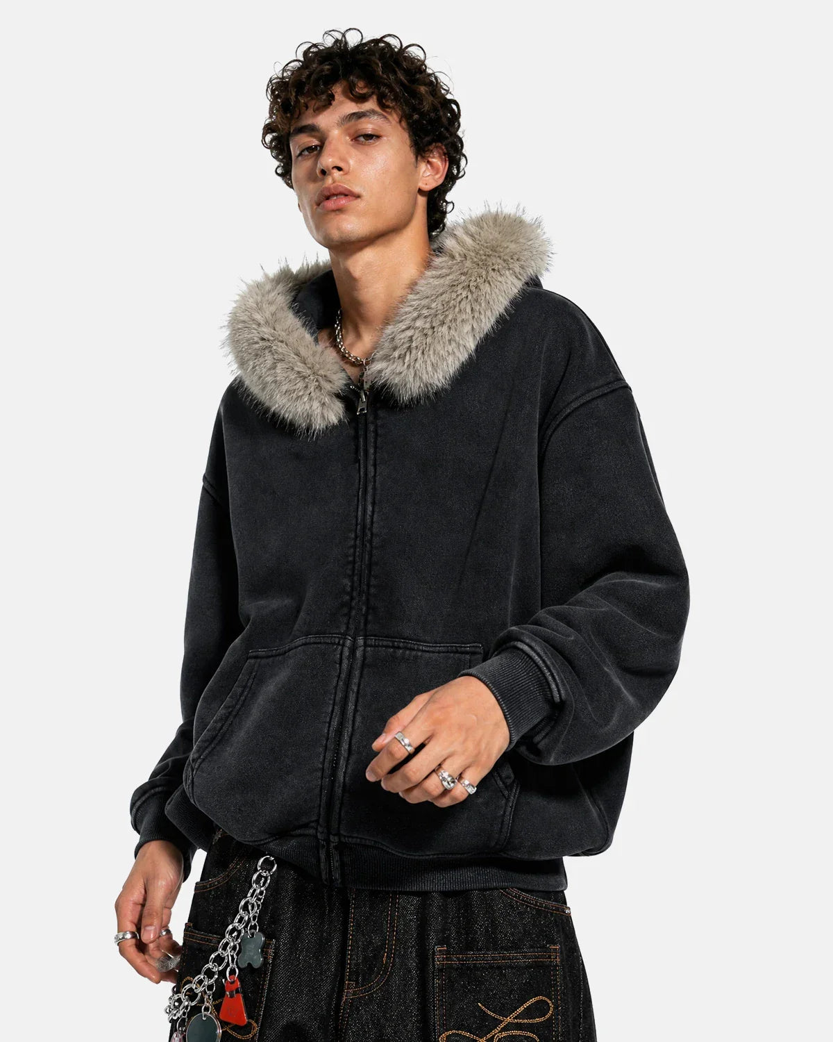 Faux Fur Collar Distressed Zip Up Hoodies | Inflation Streetwear