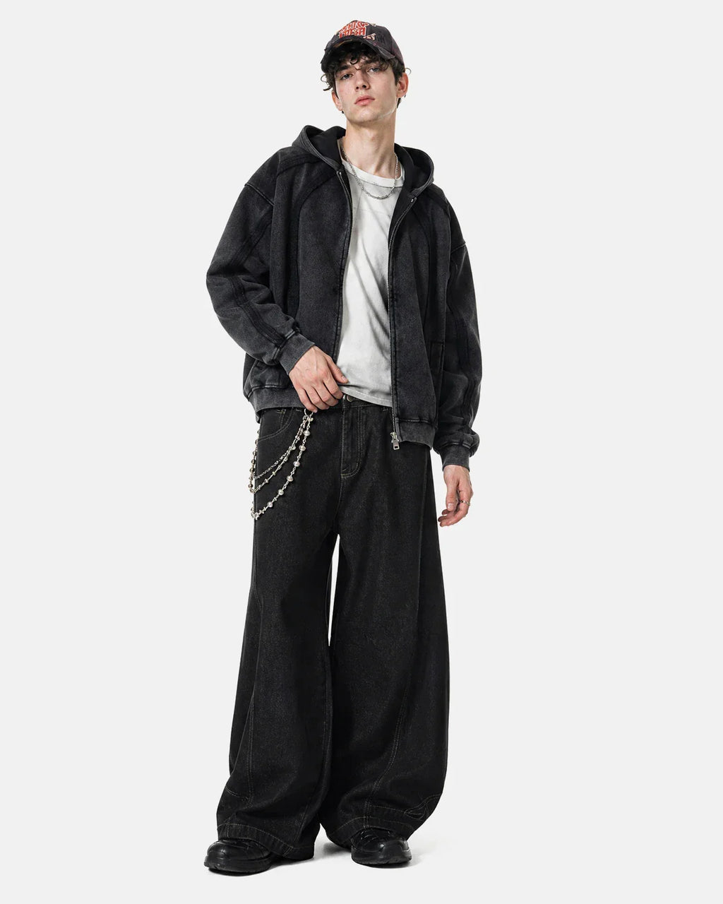 Snow Washed Raw Edge Boxy Zip Up Hoodie | Inflation Streetwear