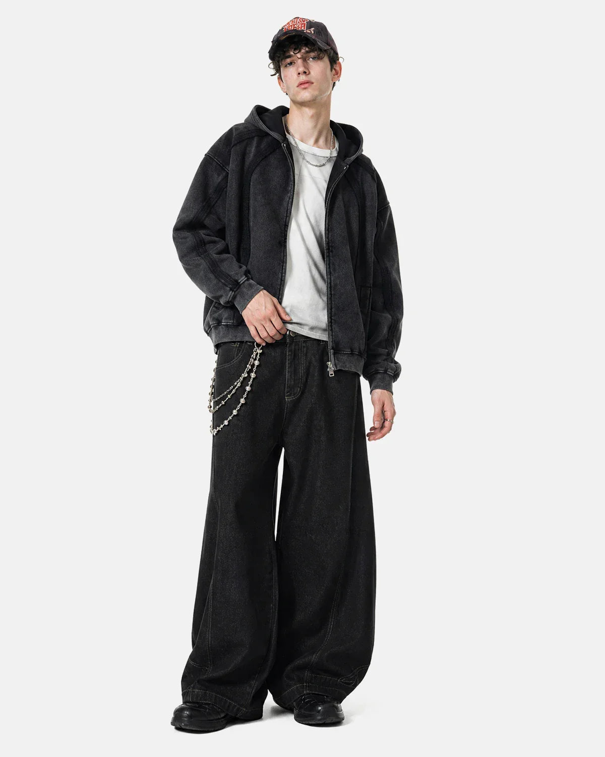 Snow Washed Raw Edge Boxy Zip Up Hoodie | Inflation Streetwear