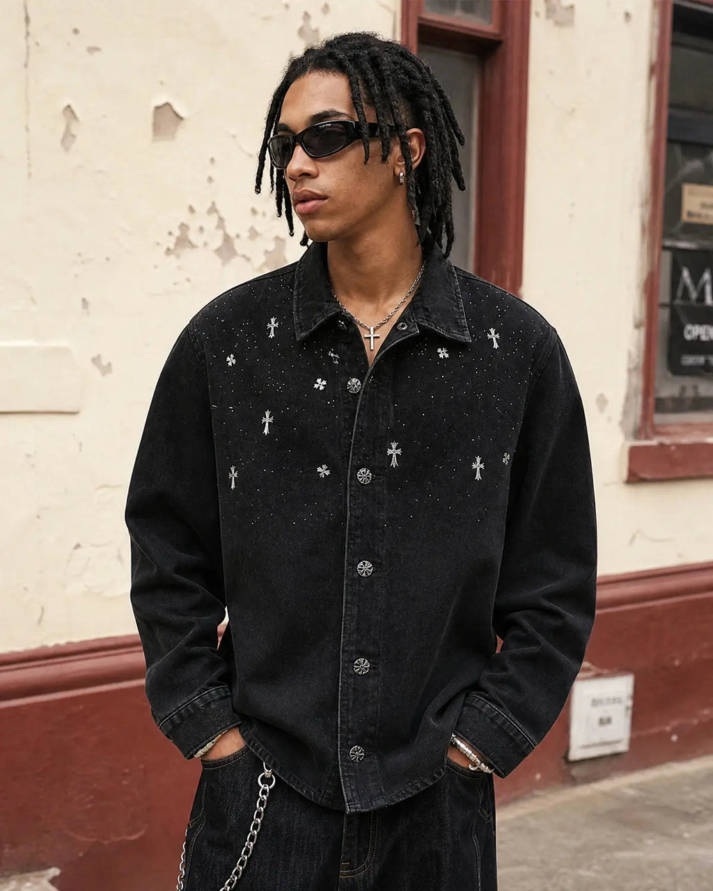 Starry Cross Rhinestone Washed Denim Shirt | Inflation Streetwear
