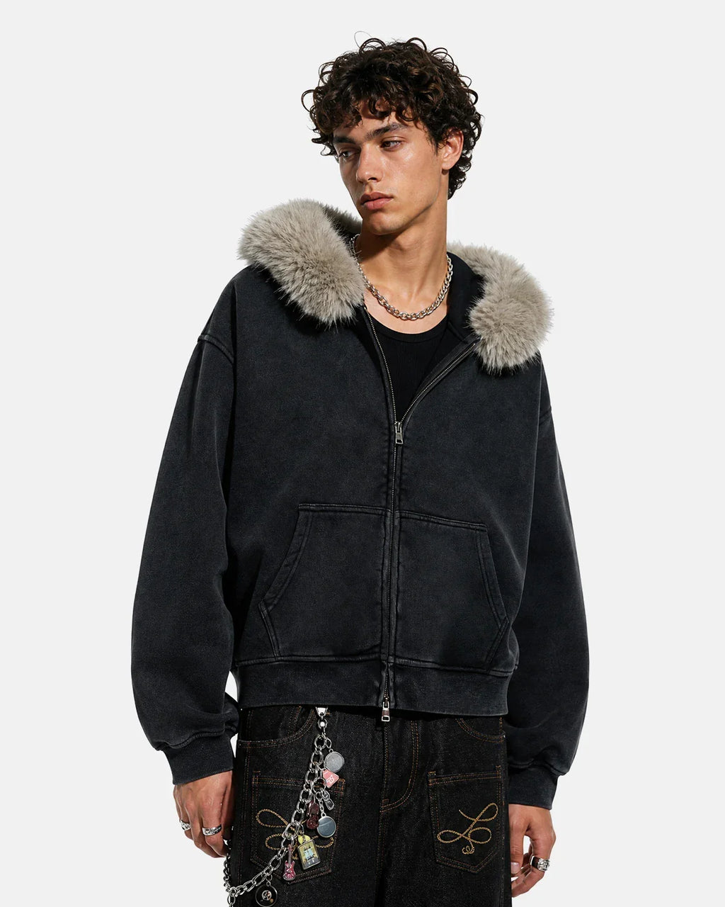 Faux Fur Collar Distressed Zip Up Hoodies | Inflation Streetwear