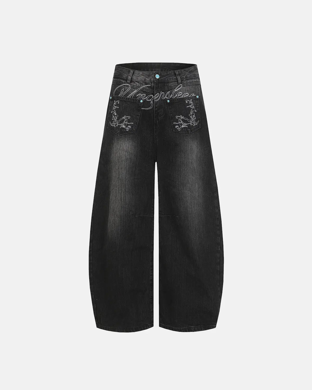 Graphic Embroidered Washed Barrel Jeans | Inflation Streetwear