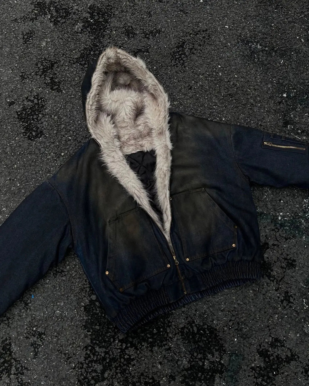 Faux Fur Lined Acid Wash Bomber Jacket | Inflation Streetwear