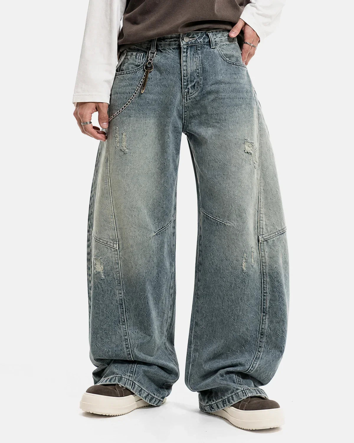 Acid Washed Distressed Barrel Jeans | Inflation Streetwear