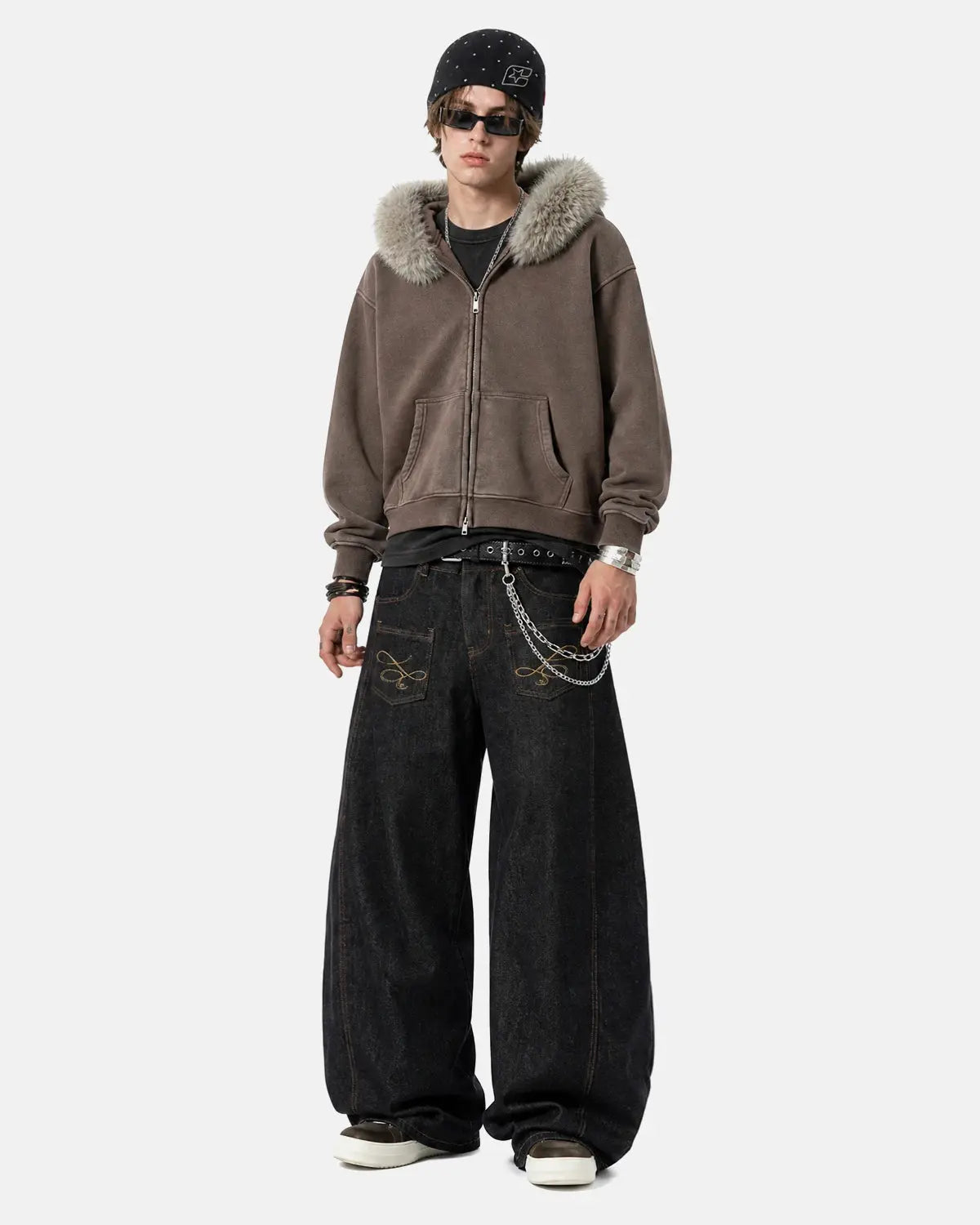 Faux Fur Collar Acid Wash Zip Up Hoodies | Inflation Streetwear