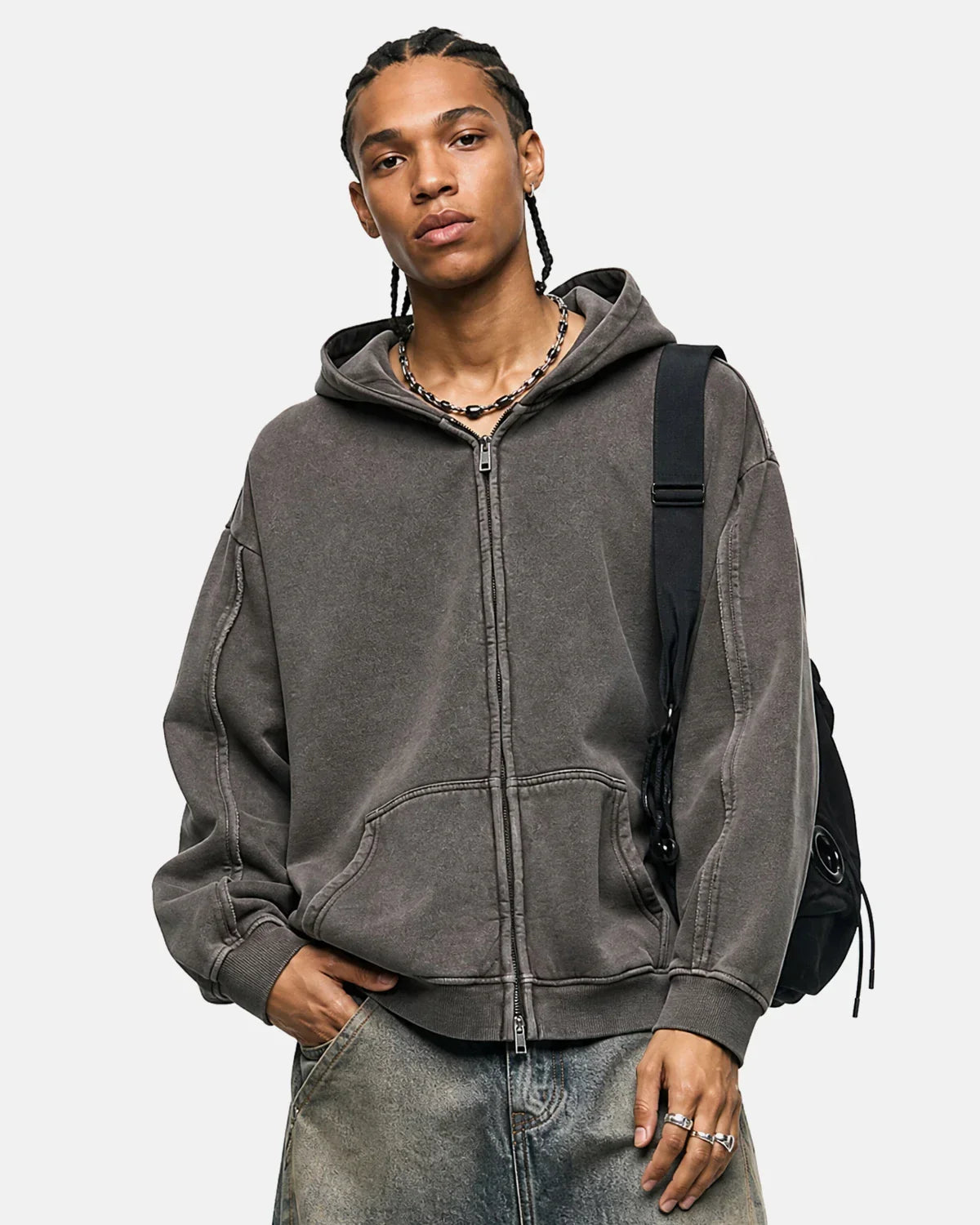 Washed Raw Edge Boxy Zip Up Hoodie | Inflation Streetwear
