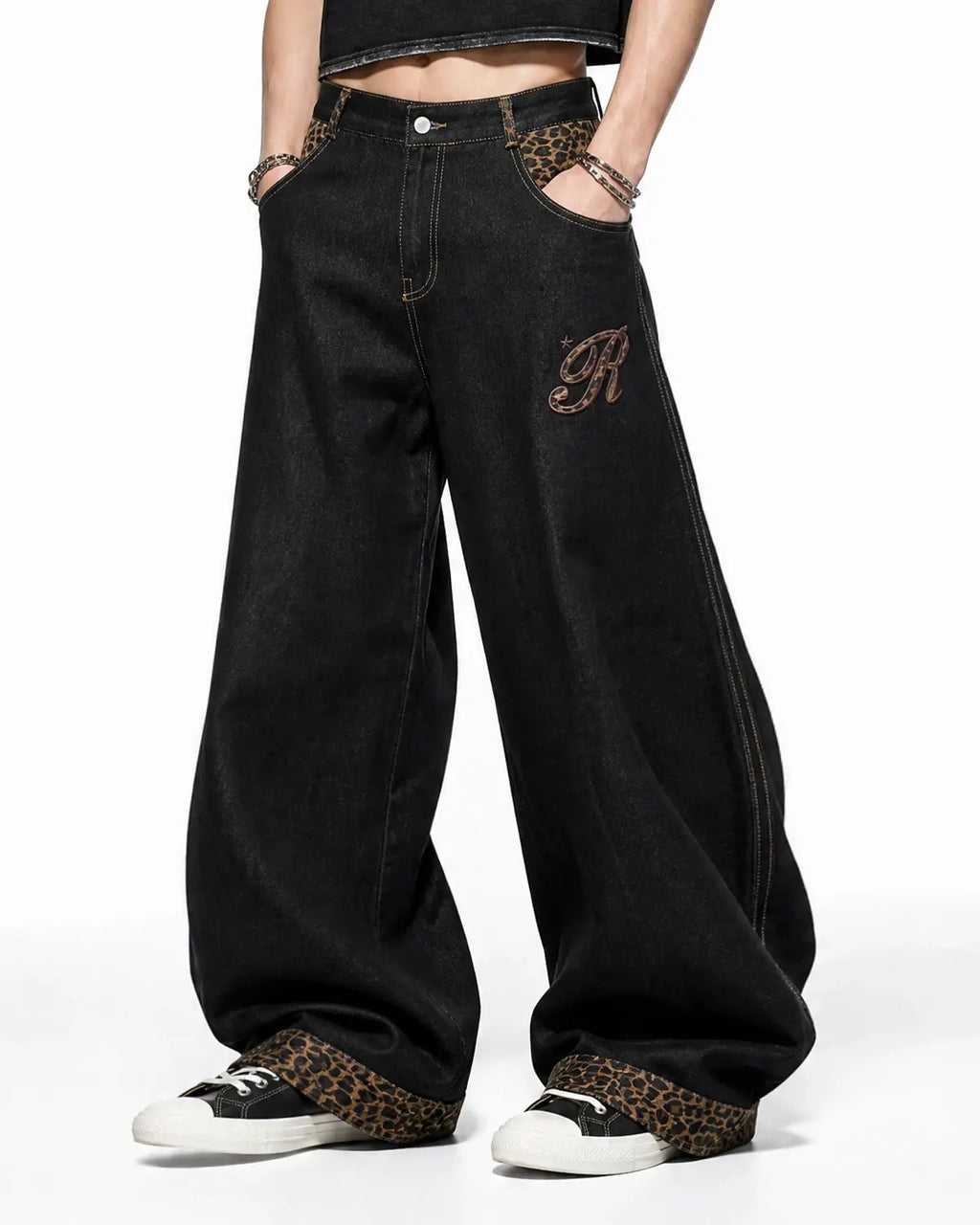 Leopard Patchwork Embroidery Baggy Jeans | Inflation Streetwear