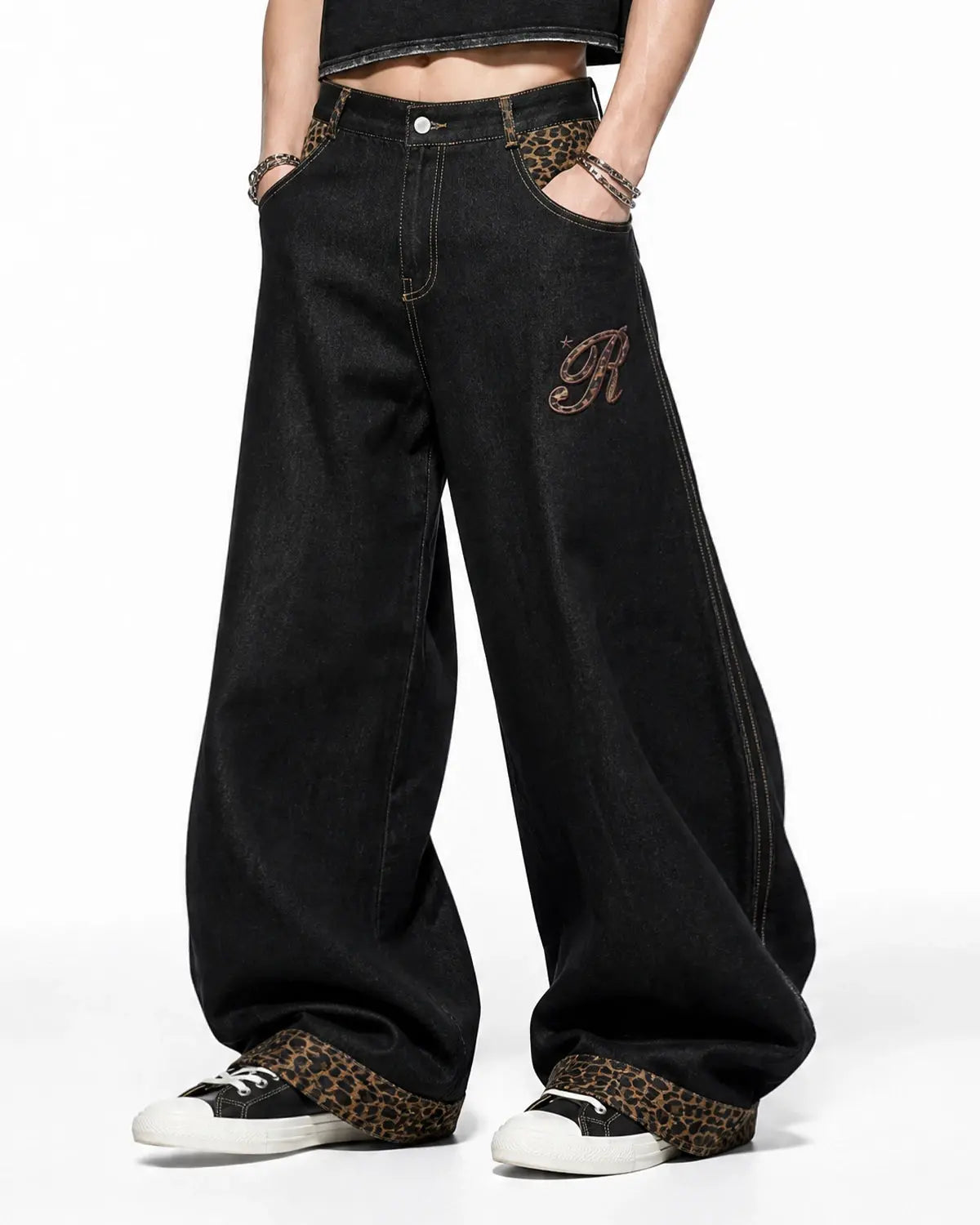 Leopard Patchwork Embroidery Baggy Jeans | Inflation Streetwear