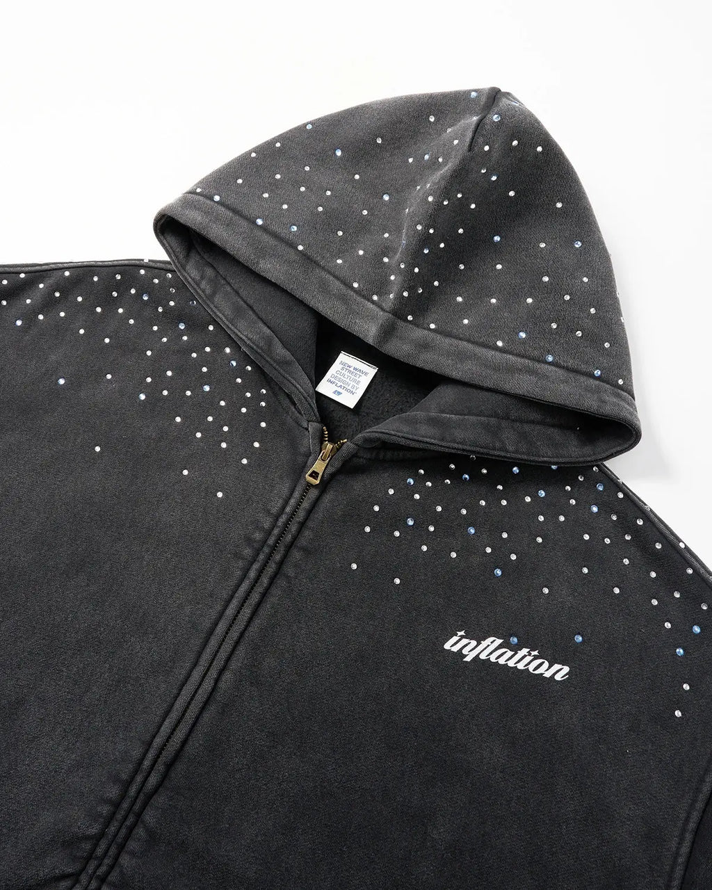 Distressed Washed Rhinestone Zip Up Hoodies | Inflation Streetwear