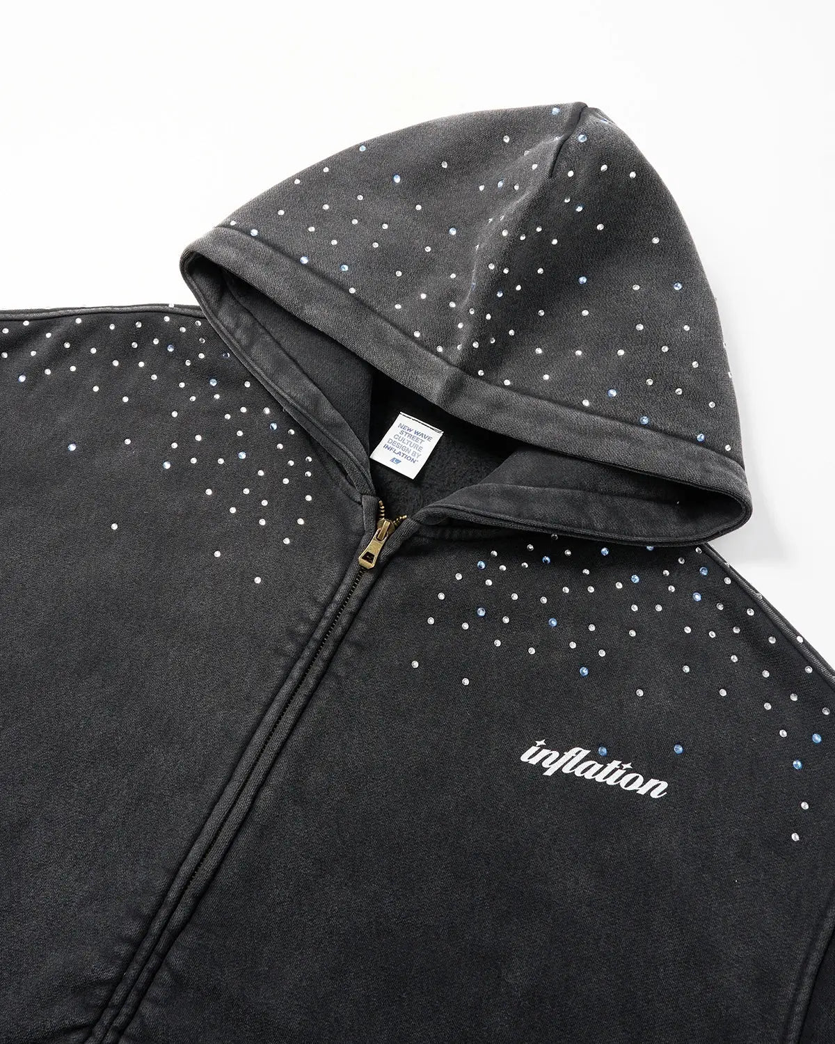 Distressed Washed Rhinestone Zip Up Hoodies | Inflation Streetwear