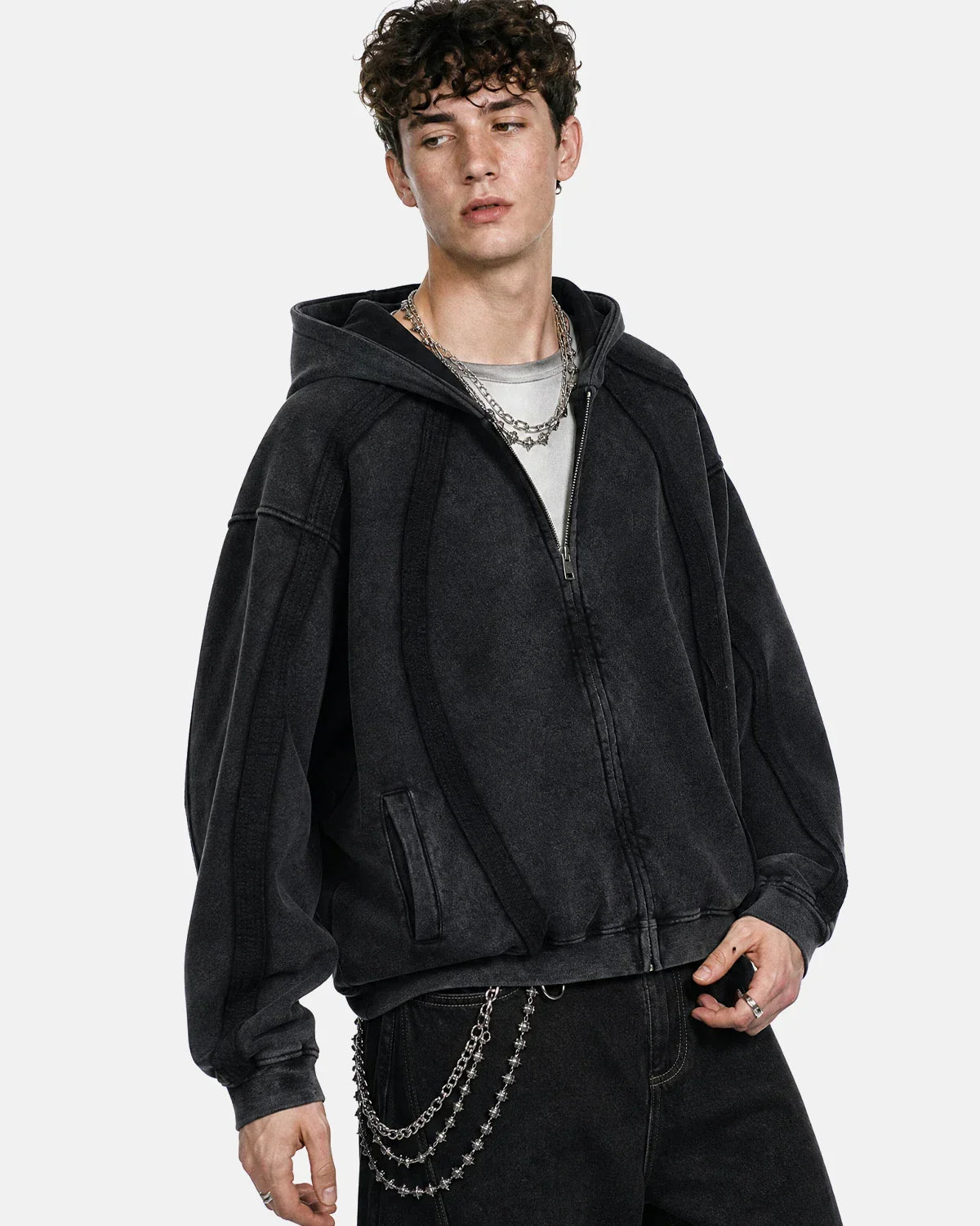 Snow Washed Raw Edge Boxy Zip Up Hoodie | Inflation Streetwear