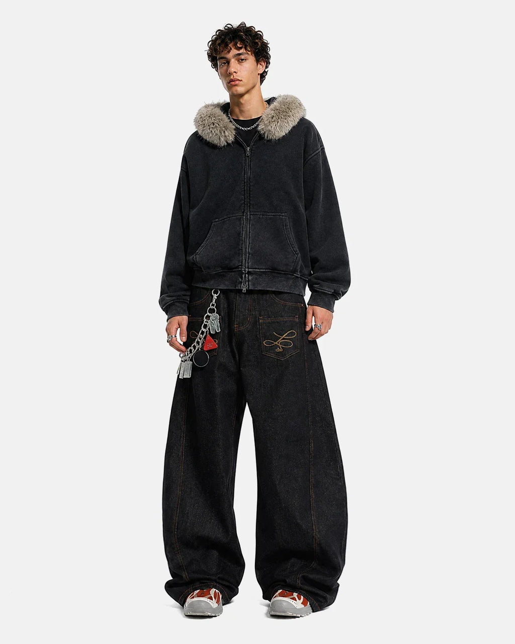 Faux Fur Collar Distressed Zip Up Hoodies | Inflation Streetwear