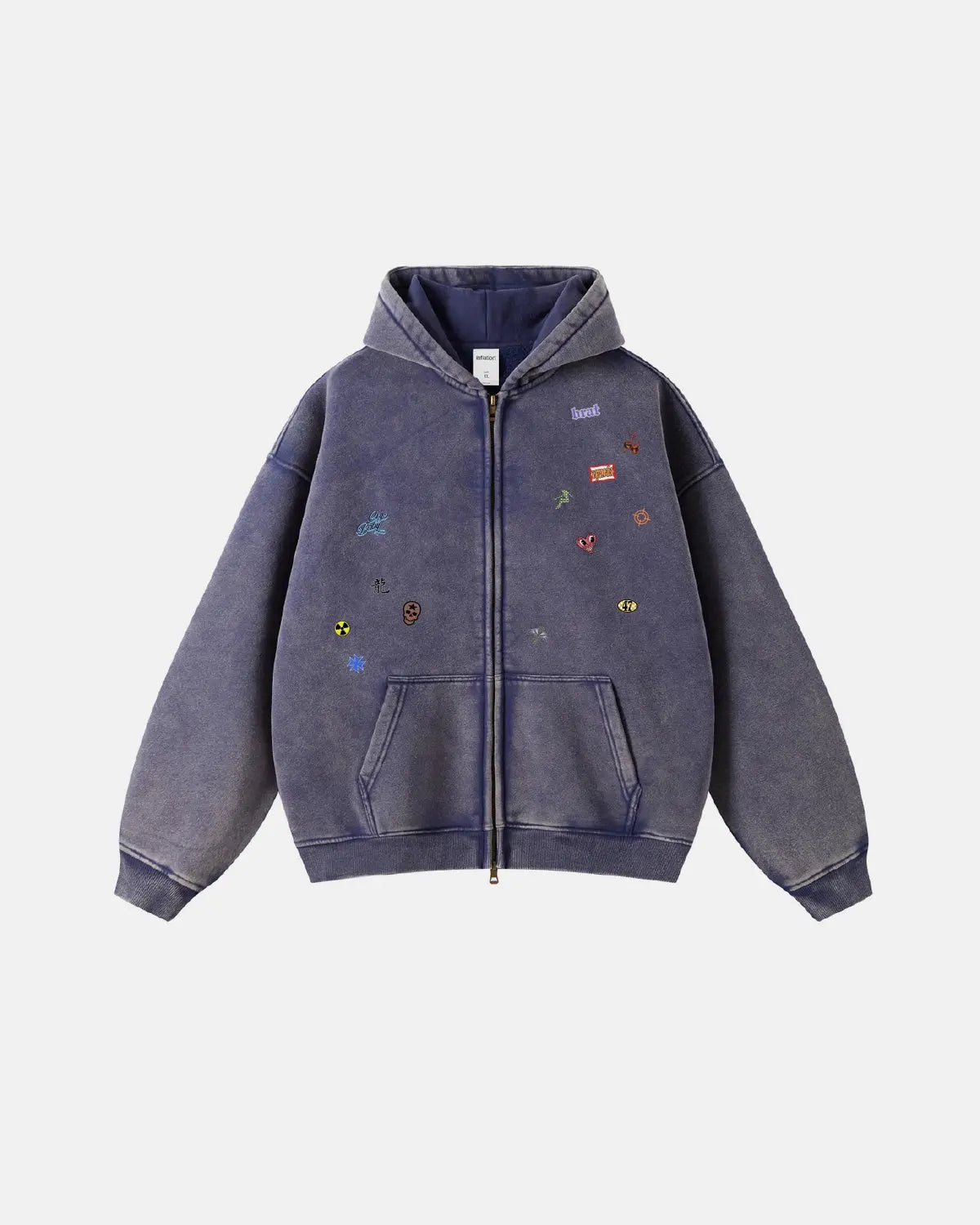 Funny Stickers Distressed Zip Up Hoodies | Inflation Streetwear