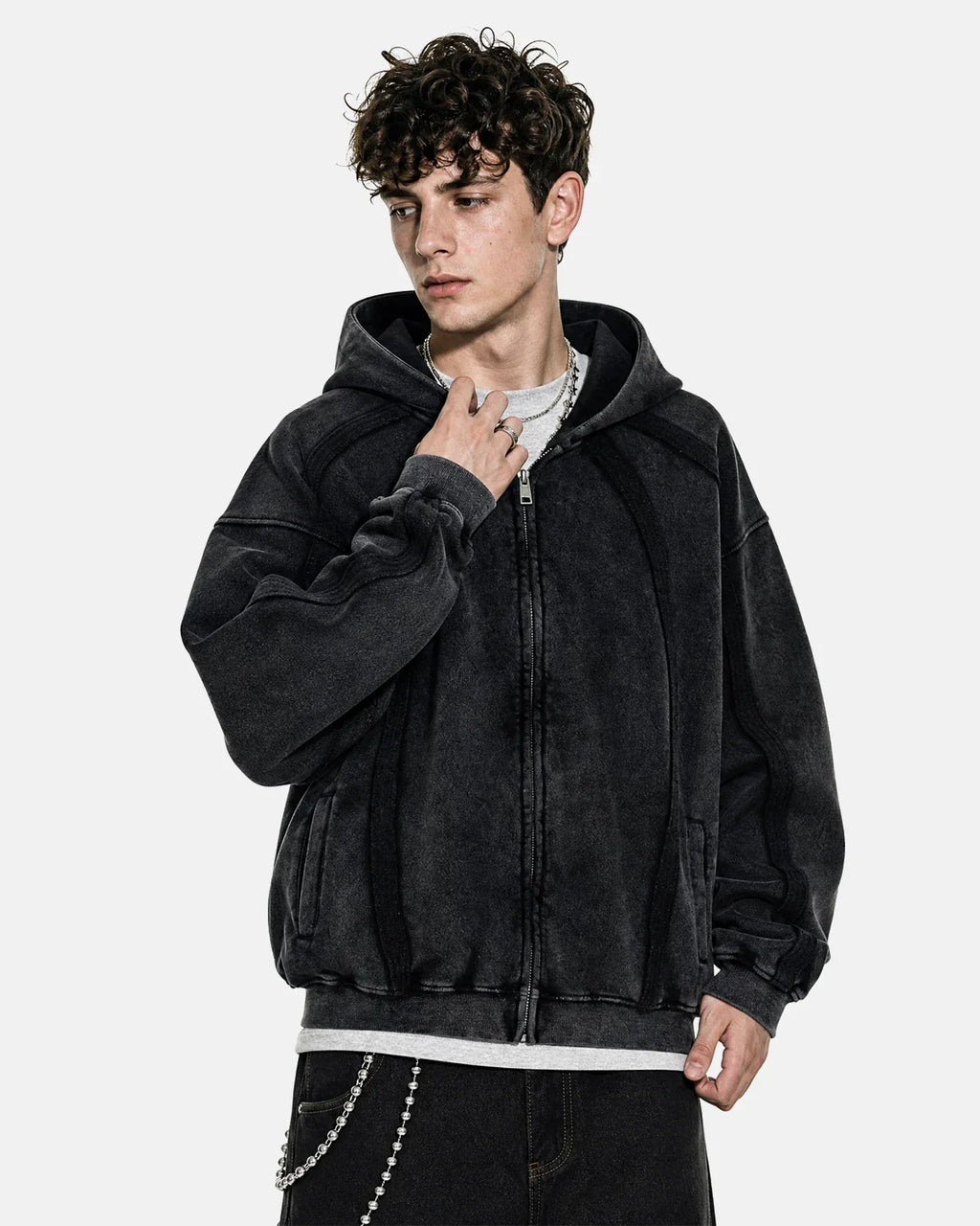 Snow Washed Raw Edge Boxy Zip Up Hoodie | Inflation Streetwear