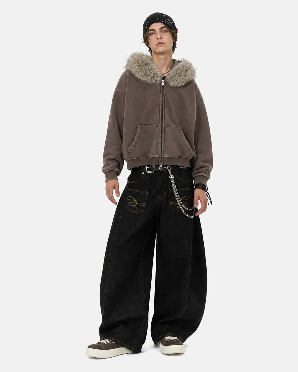Faux Fur Collar Acid Wash Zip Up Hoodies | Inflation Streetwear