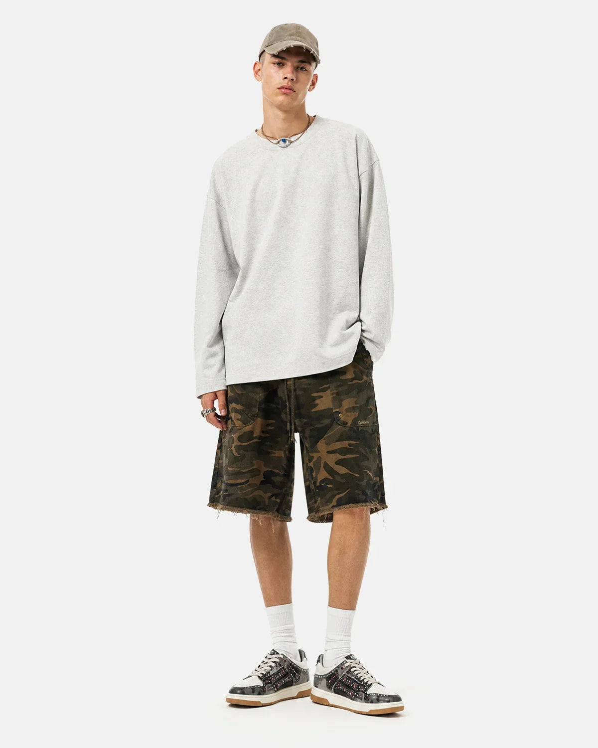 Frayed Hem Camo Knee-Length Shorts | Inflation Streetwear