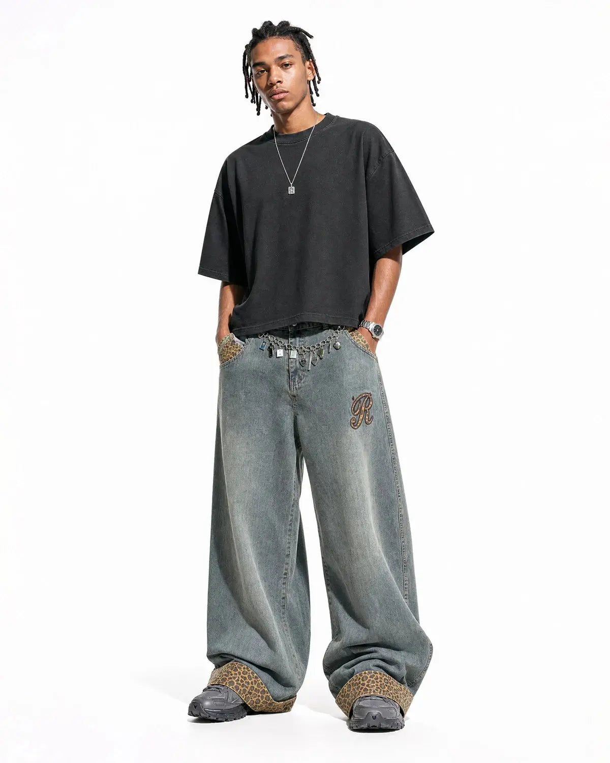 Leopard Patchwork Embroidery Baggy Jeans | Inflation Streetwear