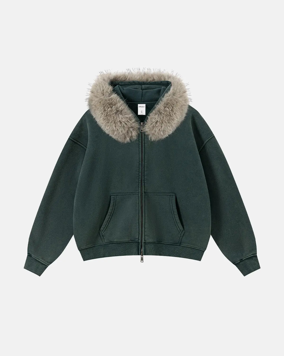 Faux Fur Collar Acid Wash Zip Up Hoodies | Inflation Streetwear