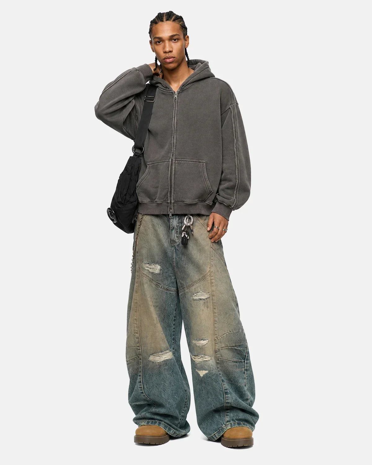 Washed Raw Edge Boxy Zip Up Hoodie | Inflation Streetwear