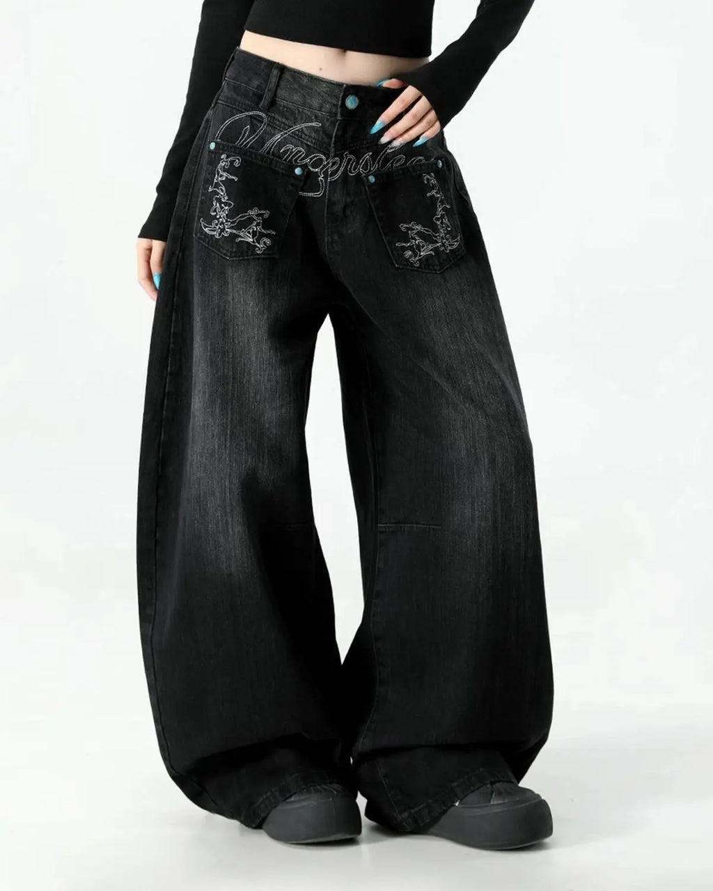 Graphic Embroidered Washed Barrel Jeans | Inflation Streetwear