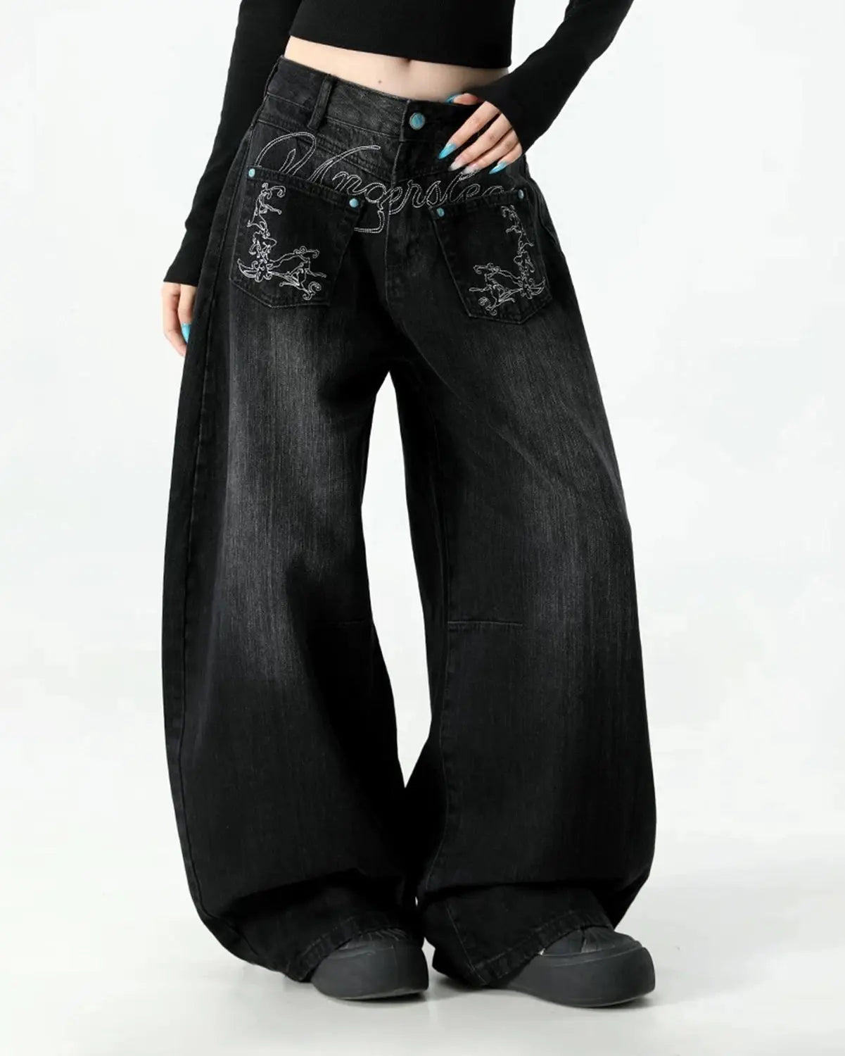 Graphic Embroidered Washed Barrel Jeans | Inflation Streetwear