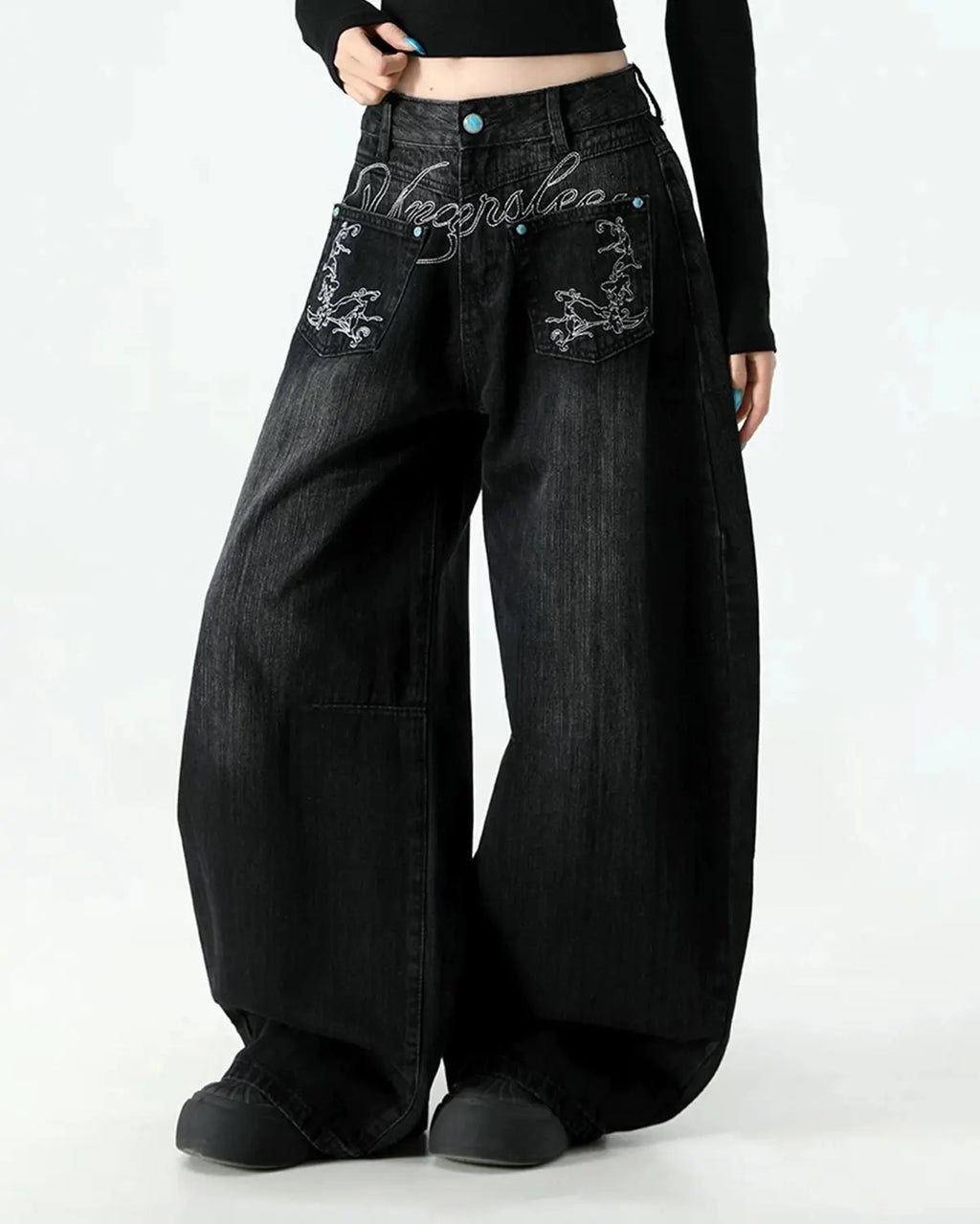 Graphic Embroidered Washed Barrel Jeans | Inflation Streetwear