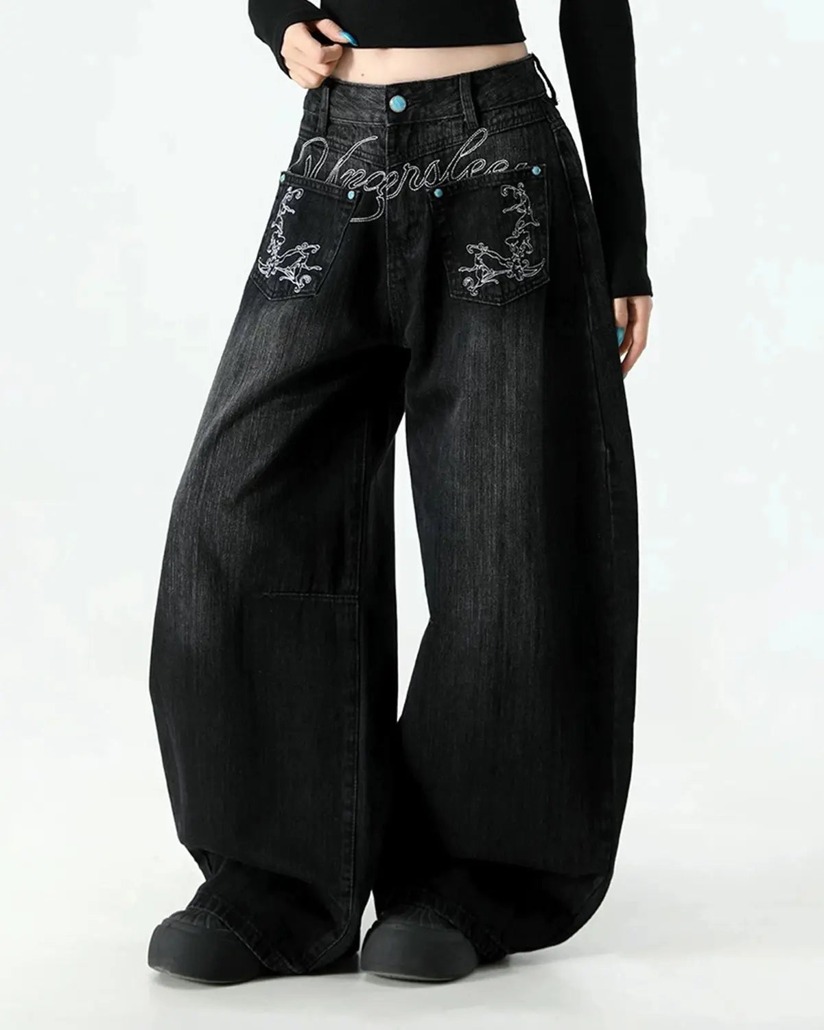 Graphic Embroidered Washed Barrel Jeans | Inflation Streetwear