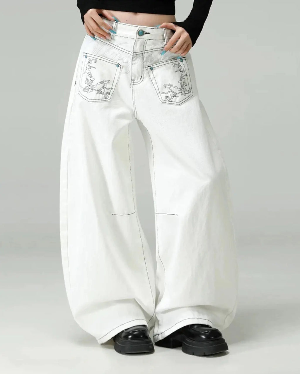 Graphic Embroidered Washed Barrel Jeans | Inflation Streetwear