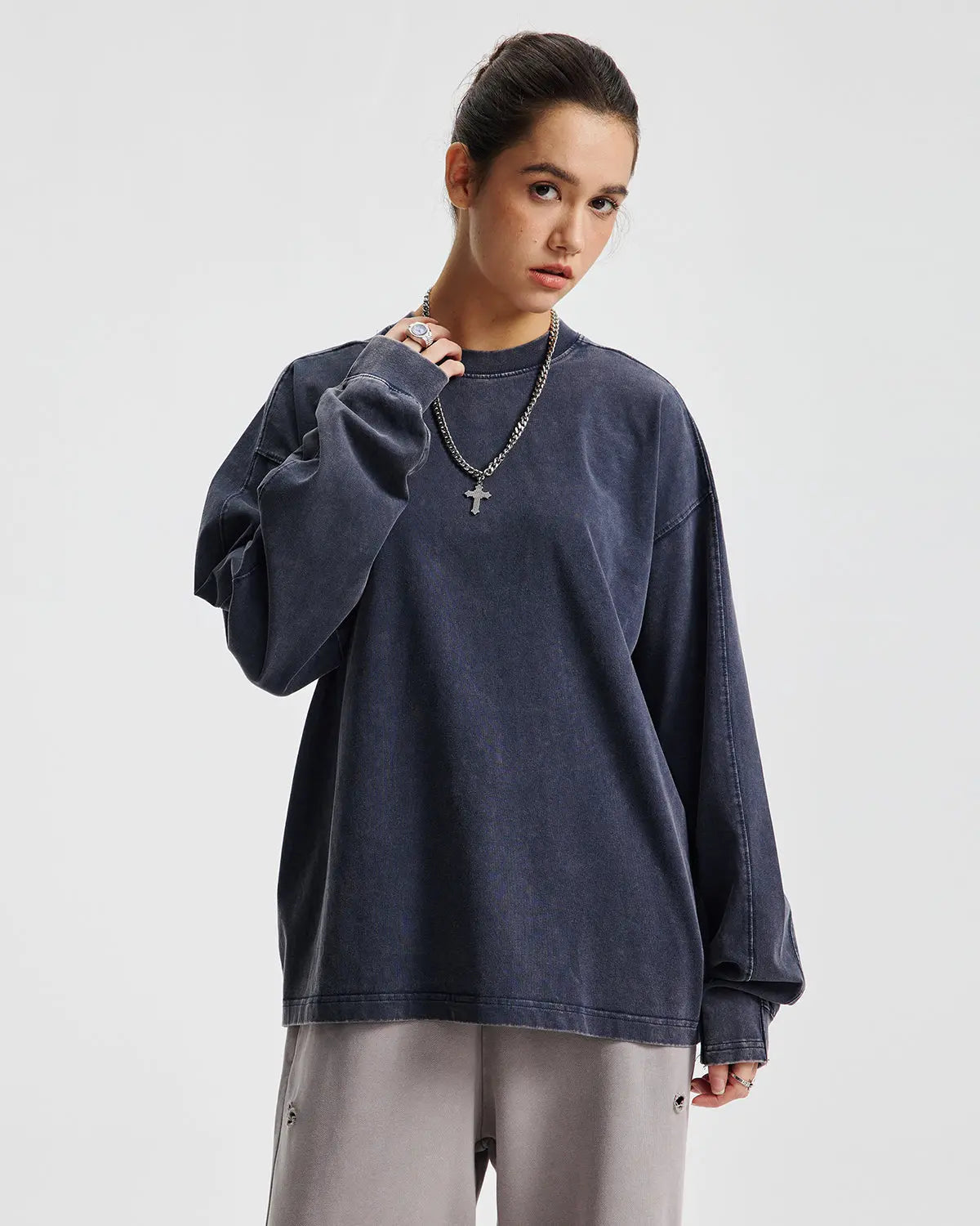 Distressed Aicd Wash Oversized  Long Sleeve Tees | Inflation Streetwear
