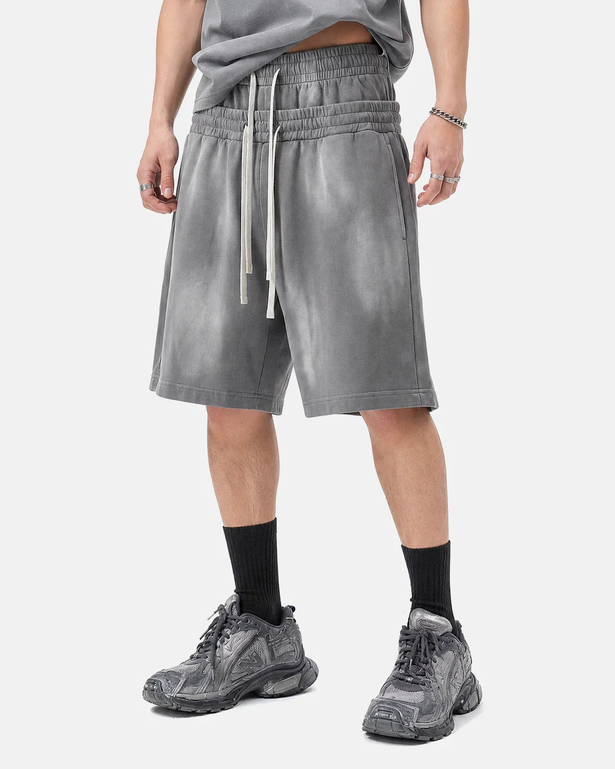 Double Waist Monkey Wash Sweat Shorts | Inflation Streetwear
