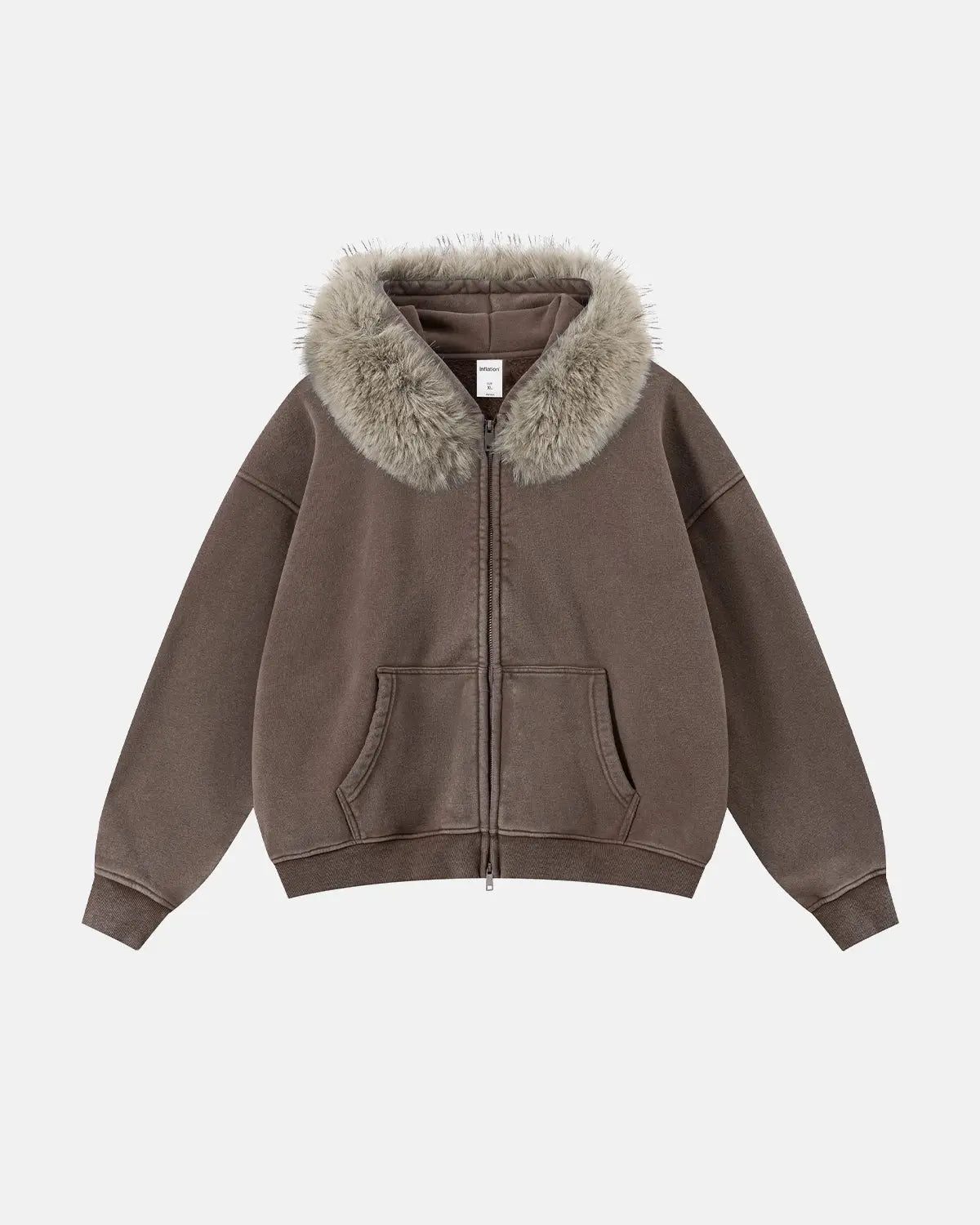 Faux Fur Collar Acid Wash Zip Up Hoodies | Inflation Streetwear