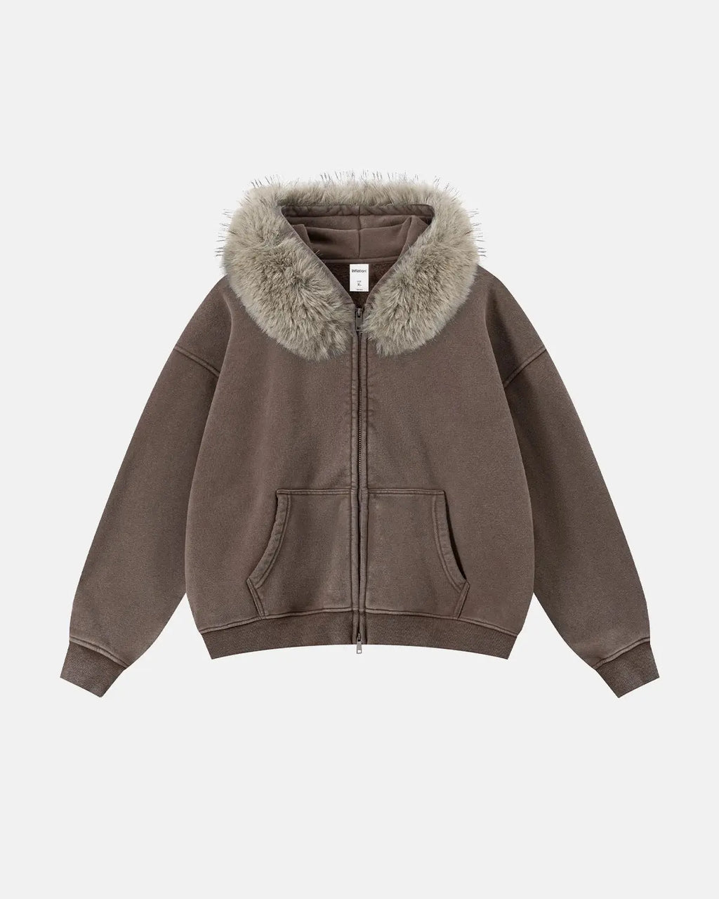 Faux Fur Collar Acid Wash Zip Up Hoodies | Inflation Streetwear