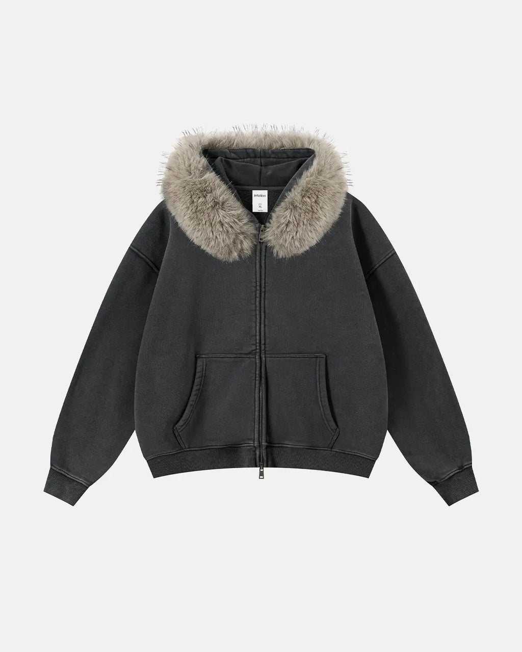 Faux Fur Collar Acid Wash Zip Up Hoodies | Inflation Streetwear