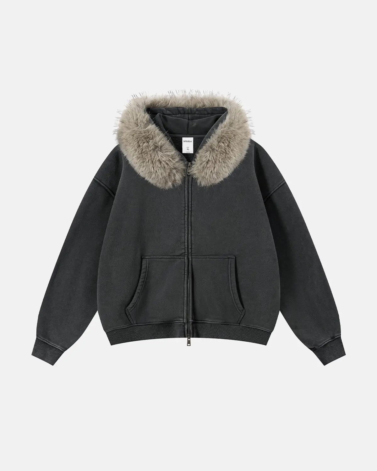 Faux Fur Collar Acid Wash Zip Up Hoodies | Inflation Streetwear