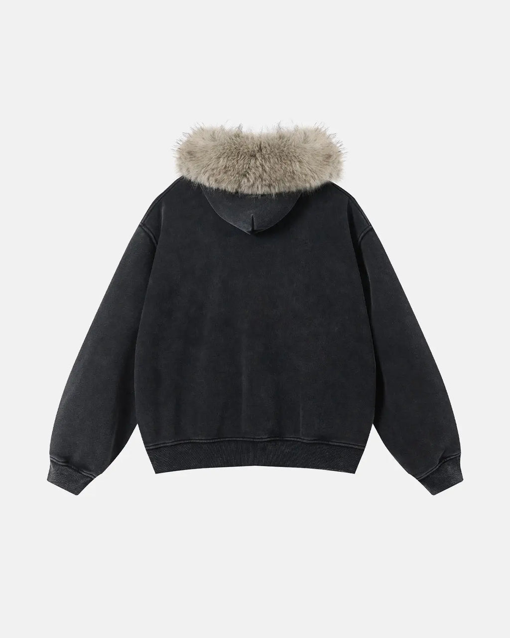 Faux Fur Collar Acid Wash Zip Up Hoodies | Inflation Streetwear