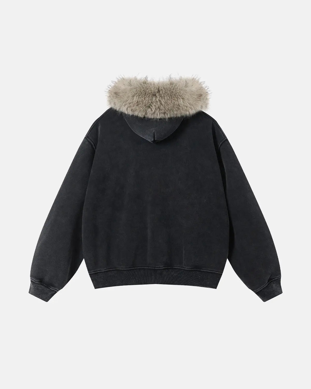 Faux Fur Collar Acid Wash Zip Up Hoodies | Inflation Streetwear