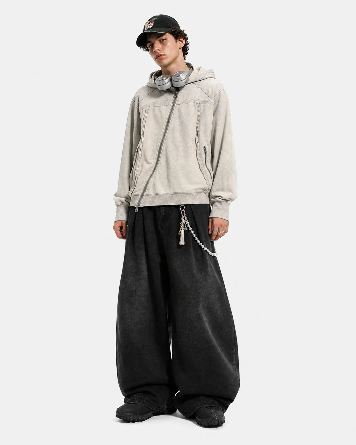 Washed Boxy Asymmetric Zip Up Hoodie | Inflation Streetwear
