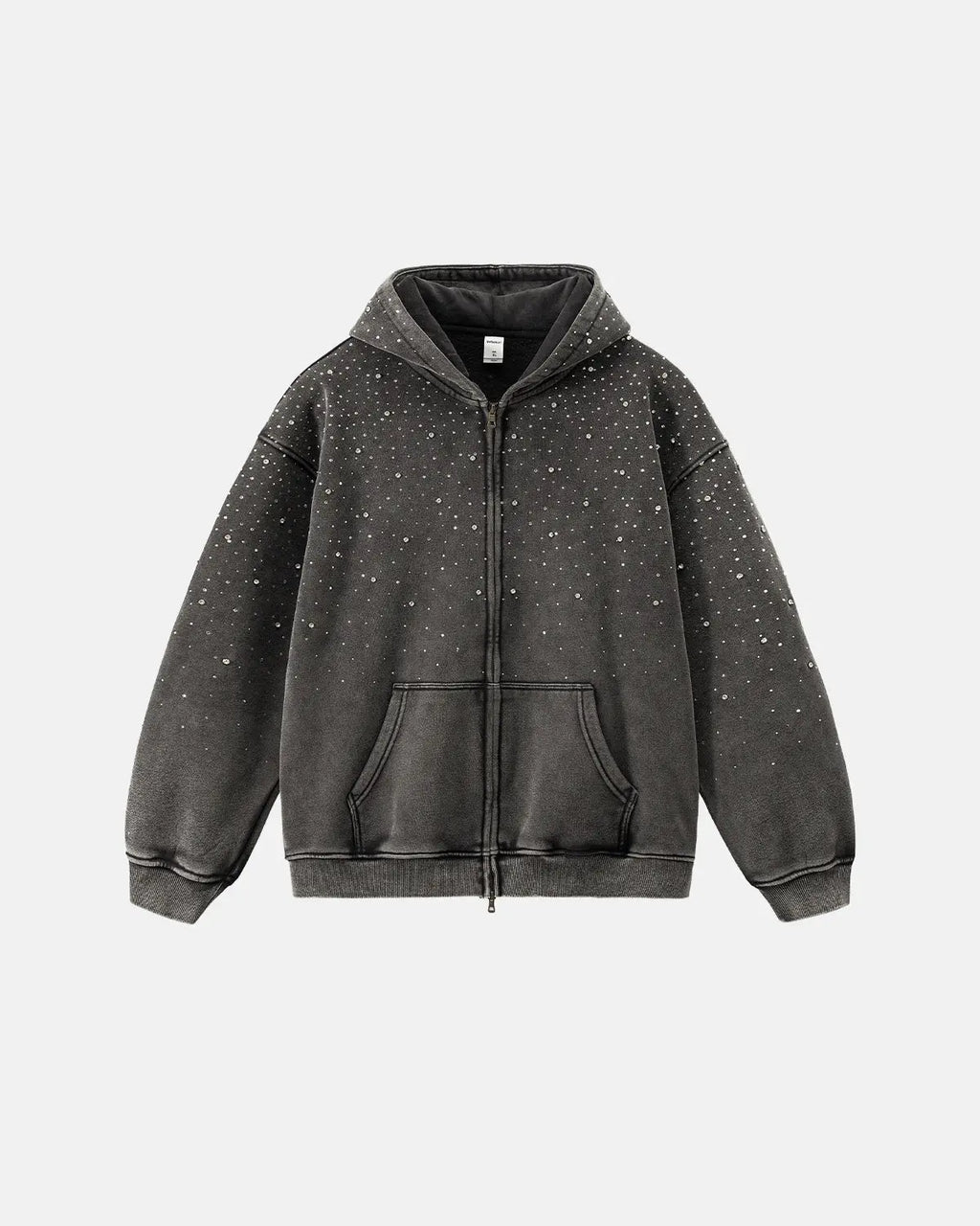 Distressed Washed Fleece Rhinestone Zip Up Hoodies | Inflation Streetwear