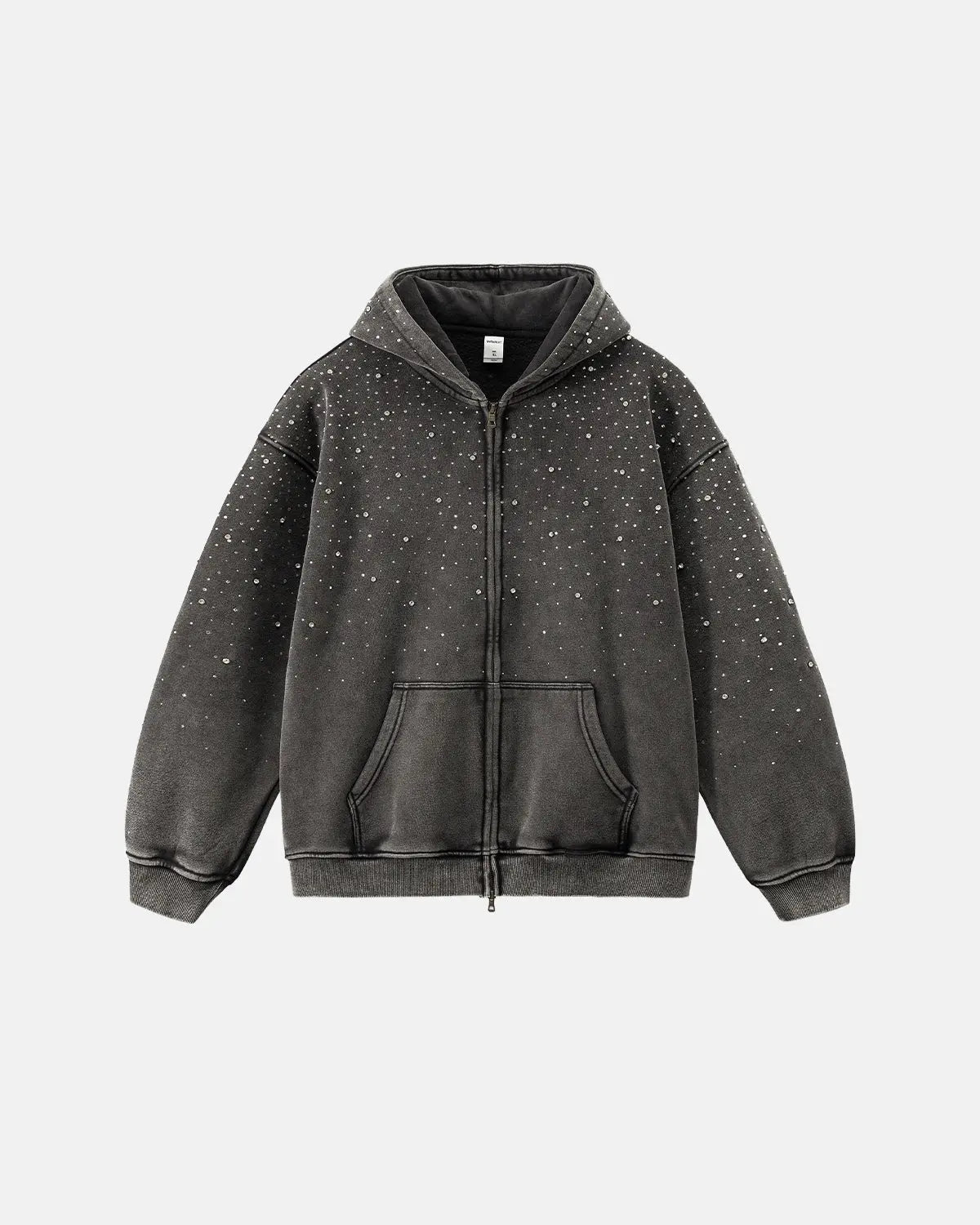 Distressed Washed Fleece Rhinestone Zip Up Hoodies | Inflation Streetwear