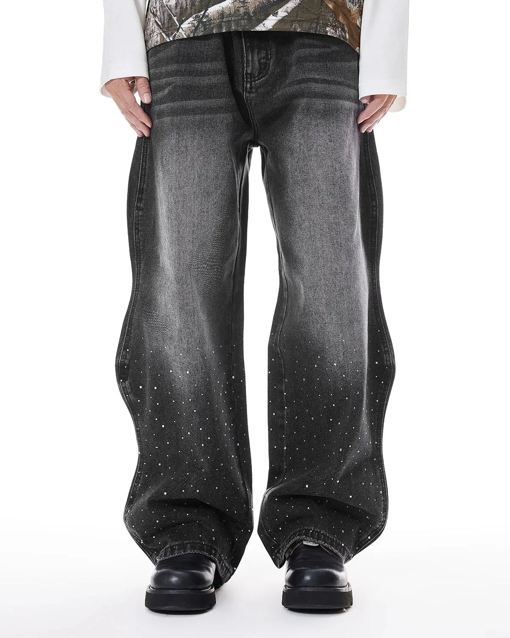 Rhinestone Wavy Baggy Jeans I Inflation Streetwear