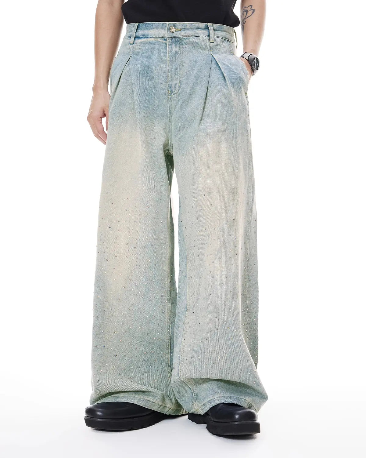 Washed Rhinestone Baggy Jeans | Inflation Streetwear
