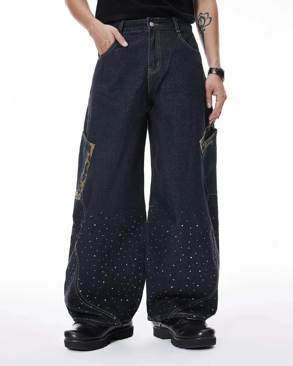 Leopard Patch Rhinestone Barrel Jeans | Inflation Streetwear