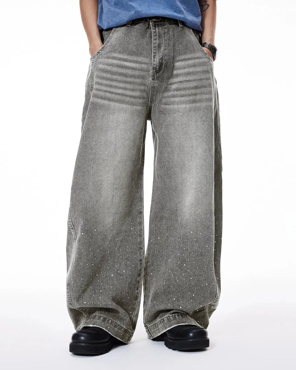 Rhinestone Washed Barrel Jeans| Inflation Streetwear