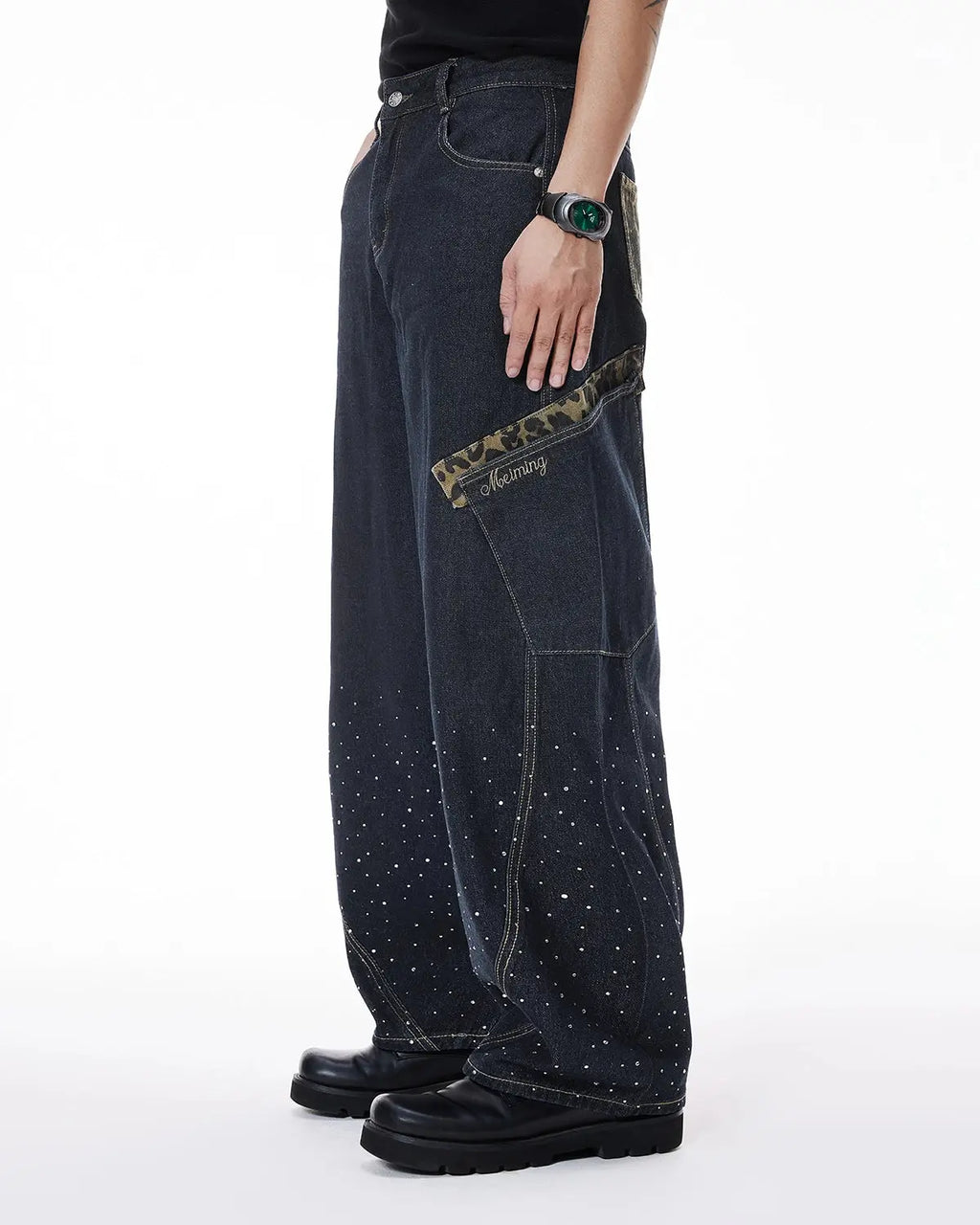 Leopard Patch Rhinestone Barrel Jeans | Inflation Streetwear