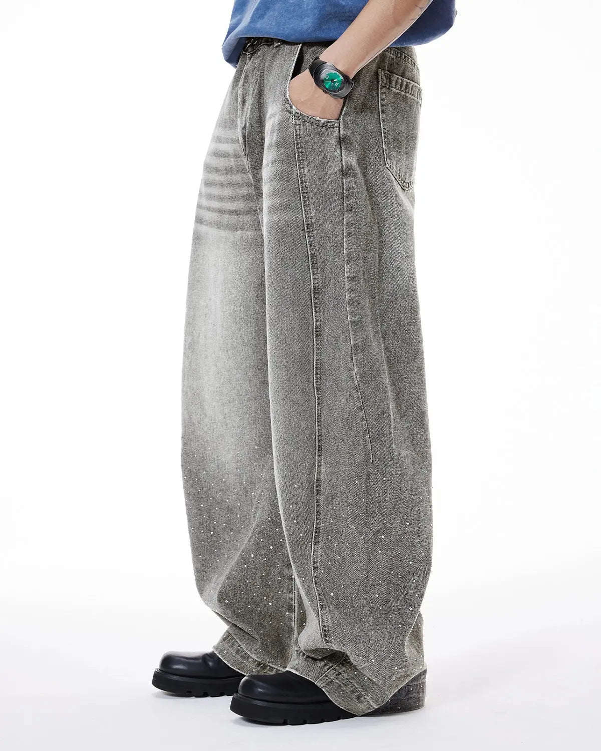 Rhinestone Washed Barrel Jeans| Inflation Streetwear
