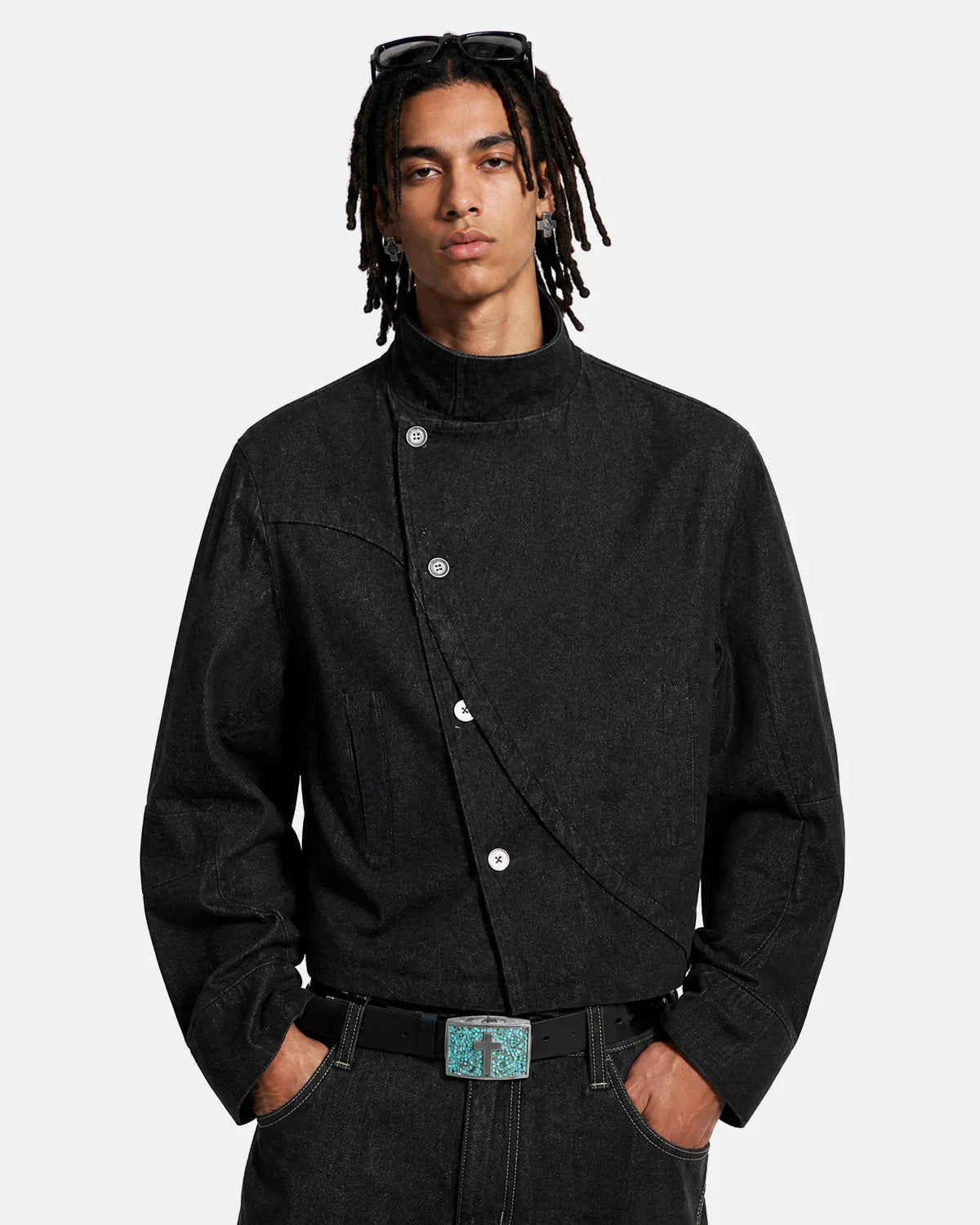 Cropped Asymmetric Button Denim Jacket | Inflation Streetwear