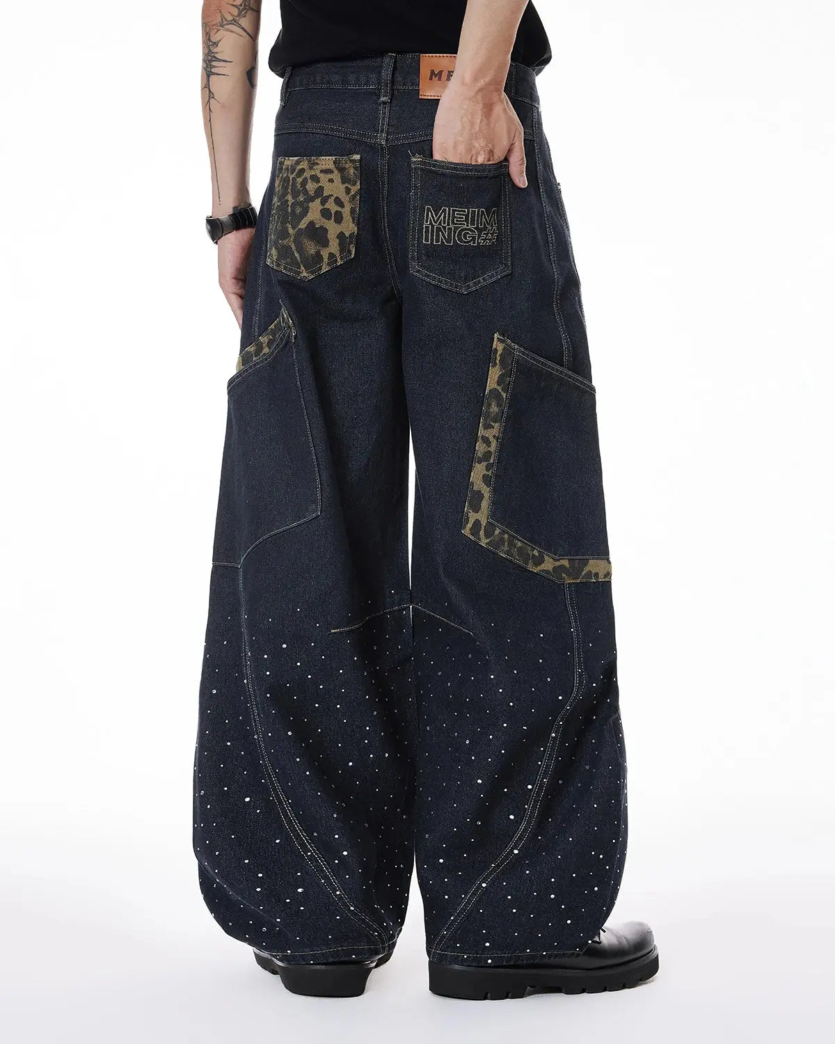 Leopard Patch Rhinestone Barrel Jeans | Inflation Streetwear
