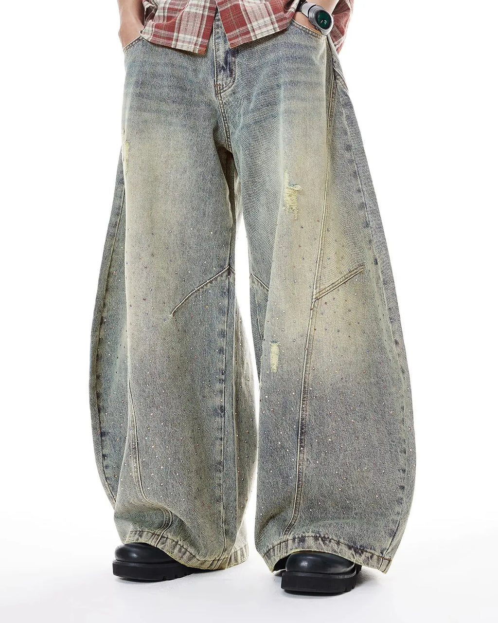 Colorful Rhinestones Ripped Baggy Jeans | Inflation Streetwear
